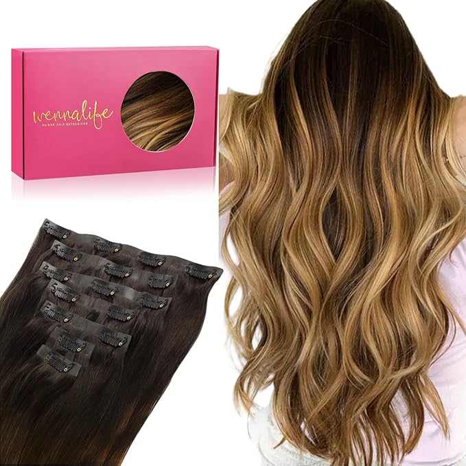 WENNALIFE Seamless Clip In Hair Extensions, 22 Inch 150g 7pcs Dark Brown to Chestnut Brown and Dirty Blonde Hair Extensions Clip in Human Hair Invisible PU Skin Weft Remy Human Hair Extensions