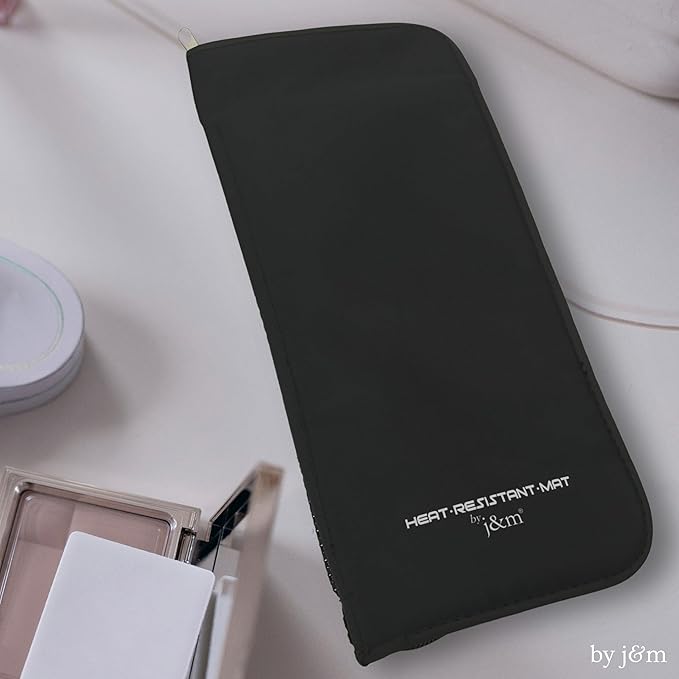 New: Hair Straightener Mat & Pouch by j&m - Enhanced Heat Resistant - Fits ghd, BaByliss & Larger Flat Irons - Zip-Up All-in-One Compact Travel Case (Felt Mat)