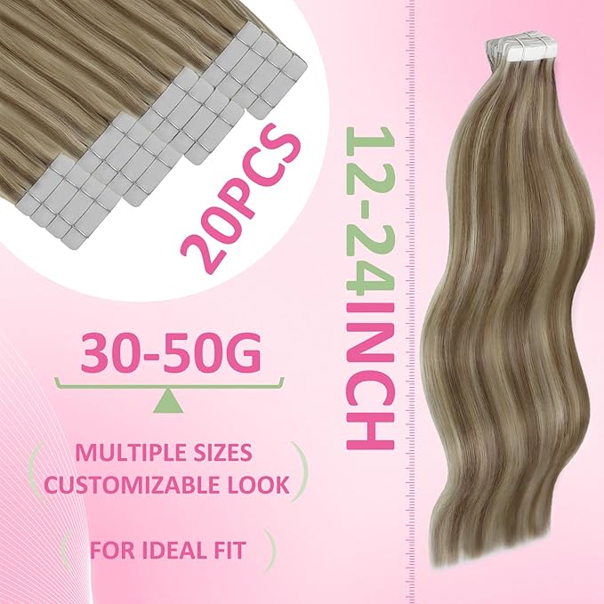 YoungSee Tape in Human Hair Extensions Brown Highlight Tape Extensions Human Hair Light Brown with Blonde Highlight Hair Extension Tapes in Add Length 18 Inch 20pcs 50g