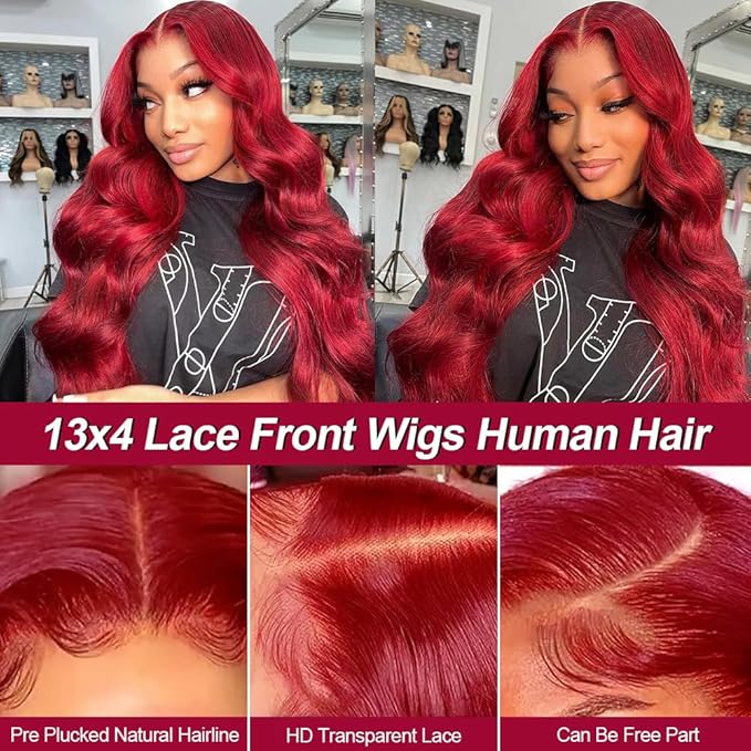 99J Burgundy Lace Front Wigs Human Hair 13x4 Body Wave Lace Front Wigs Pre Plucked Bleached Knots Lace Frontal Wig with Baby Hair 200% Density Red Wig HD Lace Red Wig for Women 28 Inch