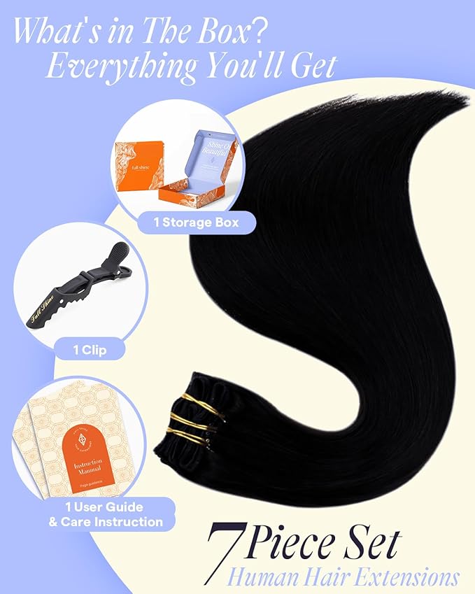 Full Shine Black Hair Extensions Clip in 160 G 18 Inch Clip ins Real Human Hair Black Women 7 Pcs