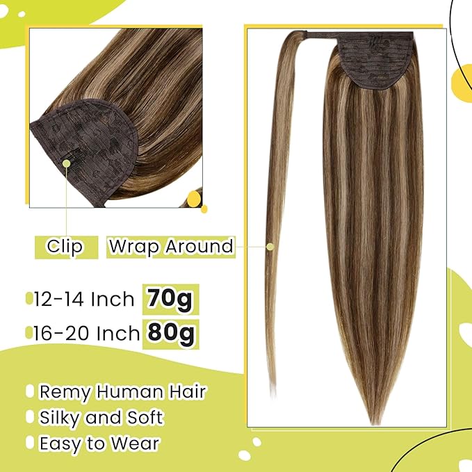 RUNATURE Ponytail Extension Human Hair, Long Real Hair Ponytail Extension with Magic Paste, Natural Remy Hair for Daily Wearing, 20 Inch 80g #3P12 Dark Brown Highlight Honey Blonde
