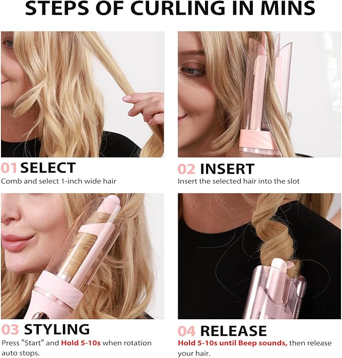 Zavarea Automatic Rotating Curling Iron for Long Hair - 1 Inch Curling Wand for Beach Waves & Loose Curls, Easy Hair Curler for Beginners, Anti-Scald & Frizz-Free, Dual Voltage for Travel
