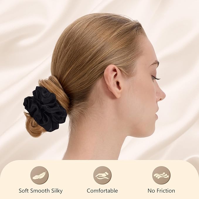 3 Pcs Silk Hair Ties, 22 Momme 100% Mulberry Hair Band, Silk Scrunchies for Women and Girls, 6A Grade No Damage Ponytail Holders (1.2in Width, Black Brown Dark Green)