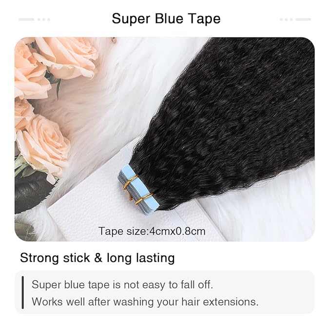 SUYYA Tape in Hair Extensions Human Hair Kinky Straight Tape in Extensions Natural Black 20 Inch Skin Weft 50g/Pack 20PCS Tape INS for Women (#1B Natural Black)