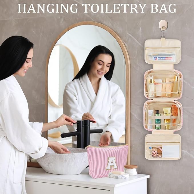 YOOLIFE Hanging Toiletry Bag for Women - Travel Toiletry Bag Makeup Bag, Portable Toiletries Cosmetic Bag, Airplane Travel Essentials - Letter T, Purple