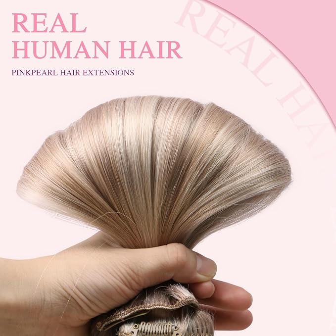PINKPEARL Clip in Hair Extensions #18P1000 Ash Blonde Highlighted Gray Blonde 7pcs 18 Inch 120g Real Remy Hair Extensions Clip in Human Hair(#18P1000-18)