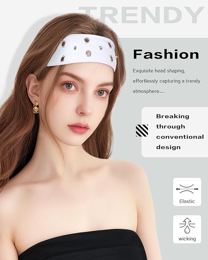 Grommet Headband for Women, White Triangle Studs 23cm Hollow Out Elastic Hair Band, Eyelets Punk Grunge Stylish Hairband