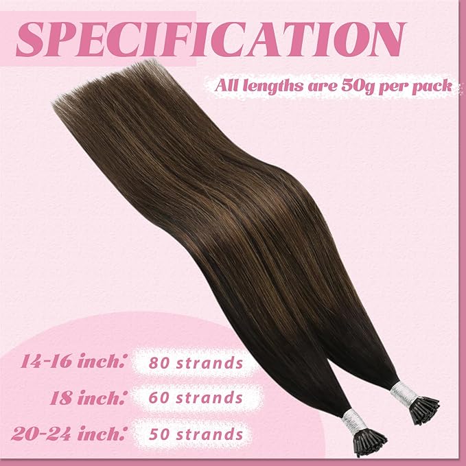 YoungSee Itip Hair Extension Real Human Hair Brown I Tip Extensions Dark Brown Balayage Brown Itip Hair Extension Real Human Hair 14 Inch Ombre Itips Extension Short Hair 50g 80s for Adding Volume