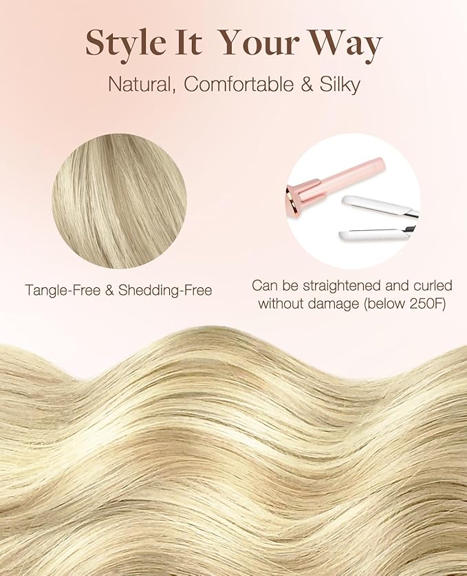 GOO GOO Invisi Edge Tape in Hair Extensions Human Hair, 17A/60A Ash Blonde Highlighted Platinum Blonde 10pcs injected with 10pcs classical tape ins, 14inch 50g, Virgin Remy Hair, Natural Look