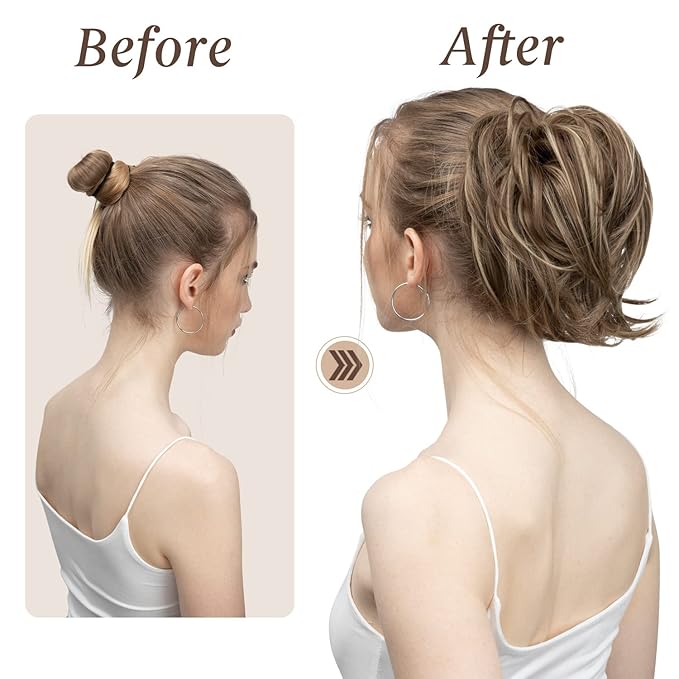 SARLA Messy Hair Bun Hair Pieces Curly Synthetic Updo Fake Scrunchies Ponytail Extension for Women Brunette/Ash Blonde Highlight 1PCS