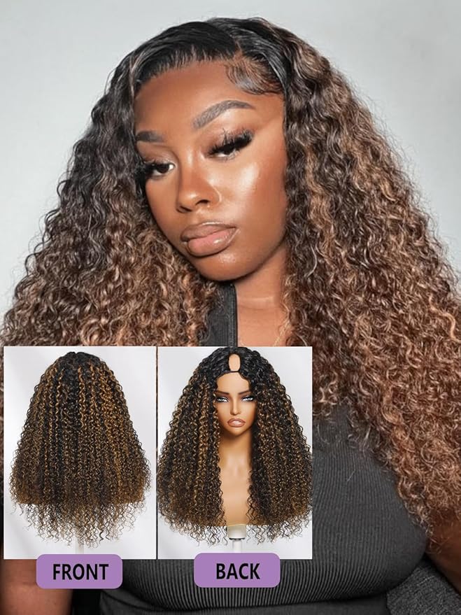 YIROO EasiContour V Part Wigs Ombre Brown Glueless Human Hair Upgrade U Part Wig with Dark Roots Highlight V Shape Clip Wigs Beginner Friendly with Drawstring Ready to Wear Chestnut Brown Color 16Inch