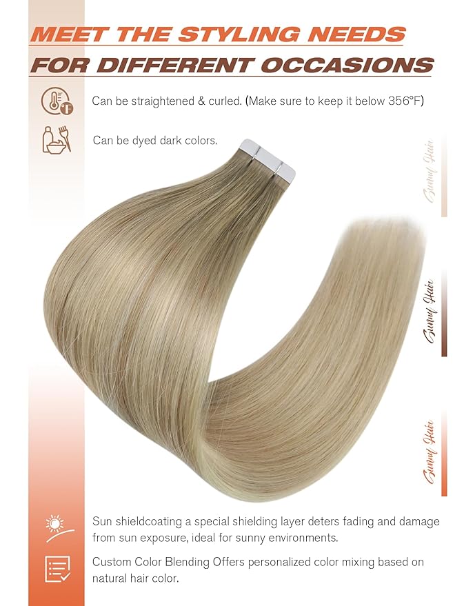 Sunny Hair Tape in Hair Extensions Real Human Hair Invisible Remy Hair Extensions Tape ins for Women Ash Blonde Root to Platinum Blonde Balayage 16 inch 20Pcs 50G