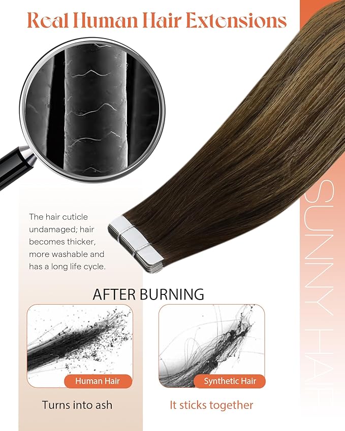 Sunny Hair Tape in Extensions for Women Real Hair 24 inch 100g Tape in Hair Extensions Human Hair Dark Brown Balayage Caramel Blonde Hair Extensions Tape in 40Pcs