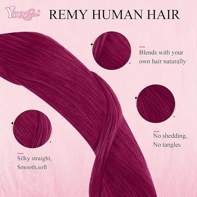 YoungSee Nano Ring Hair Extensions Human Hair Magenta Nano Bead Human Hair Extensions Burgundy Nano-Rings Hair Extension Red Nano-Tip Hair Extension for Women 25s 25g 14in