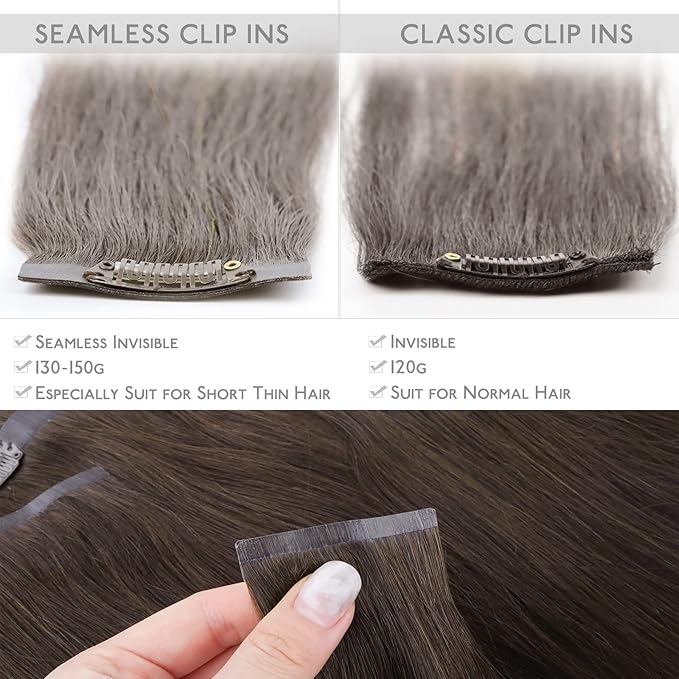 WENNALIFE Seamless Clip In Hair Extensions, 18 Inch 130g 7pcs Light Dark Brown Hair Extensions Clip in Human Hair Invisible PU Skin Weft Natural Remy Human Hair Extensions