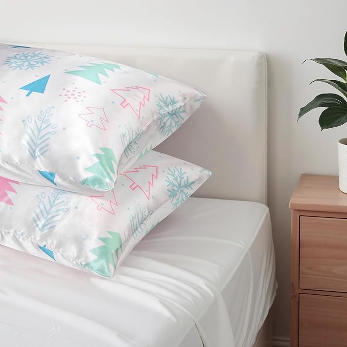 Christmas Tree Satin Pillowcase for Hair & Skin Care, Standard Size Set of 2 - Luxurious Satin Pillow Cover with Envelope Closure(20x26 Inches)