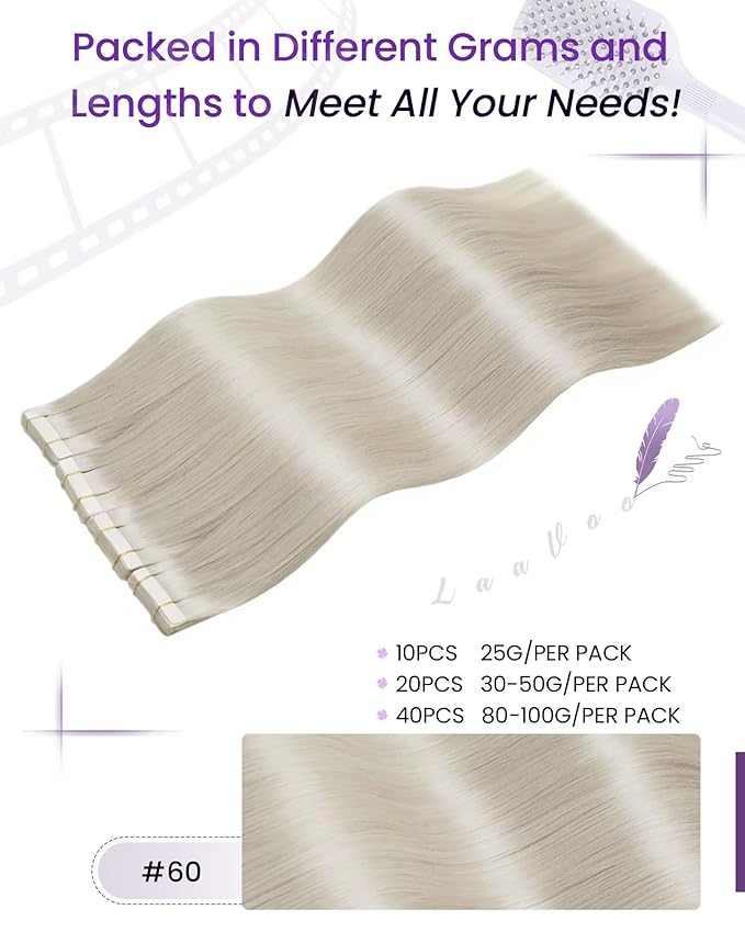LaaVoo Tape in Hair Extensions Human Hair Platinum Blonde Hair Extensions Tape in Real Hair Tape on Extension Soft Straight Hair 100g 40pcs 20inch