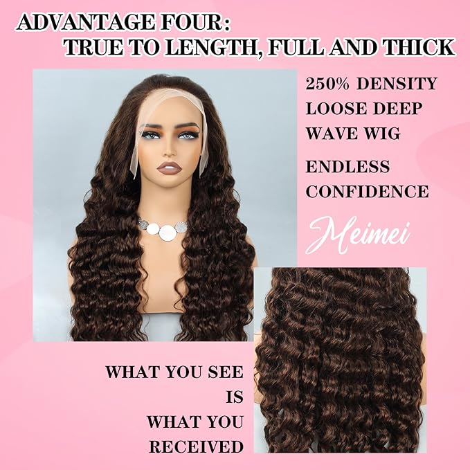Chocolate Brown 250% Density HD Lace Front Wigs Human Hair Loose Wave 100% Real Human Hair 15A Full 13x4 Large Lace Space Loose Deep Wave Wig, Breathable No Tangle No Shedding Triple Lifespan 3X