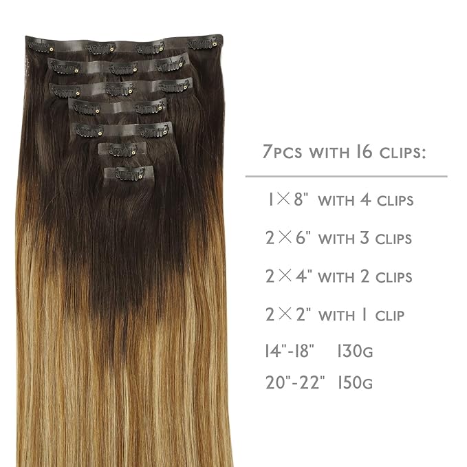 WENNALIFE Seamless Clip In Hair Extensions, 14 Inch 130g 7pcs Dark Brown to Chestnut Brown and Dirty Blonde Hair Extensions Clip in Human Hair Invisible PU Skin Weft Remy Human Hair Extensions