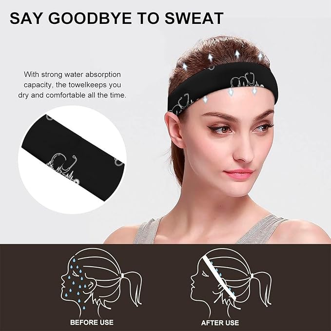 Headbands for Women Men Unisex Love Heart Nurse Heartbeat Black And White Art Non Slip Sports Sweatbands for Running, Cycling, Yoga, Fitness