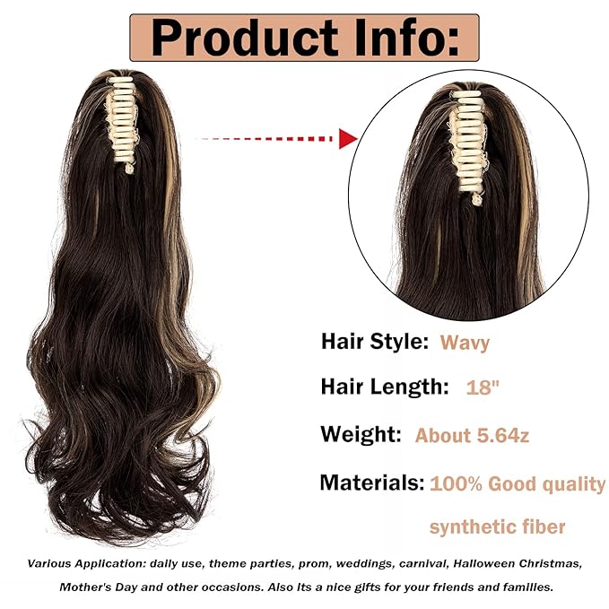 Claw Clip Ponytail Extension 18" Clip in Wavy Ponytail Hair Extensions Long Pony Tails for Women Extensions Ash Blonde Mix Brown Wave Hairpiece