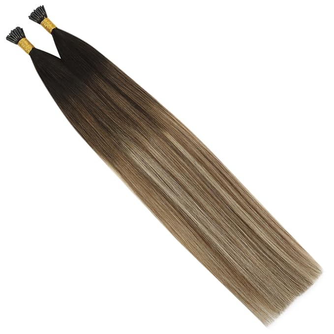 YoungSee Itip Hair Extensions Brown Balayage 24 Inch Keratin Itip Human Hair Extensions Ombre Dark Brown to Medium Brown with Blonde Itip Extensions Long Straight Hair 50g 50s