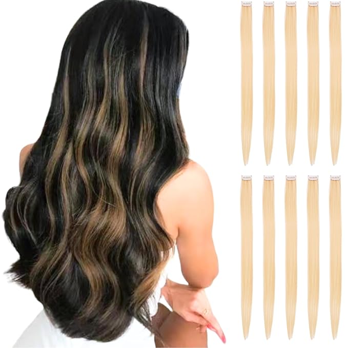 Blonde Hair Extensions Clip in for Kids Girls, 10 Pieces 22 Inch Long Straight Colored Streak Synthetic Accessories Hairpiece Clip ins, Play Party Highlights