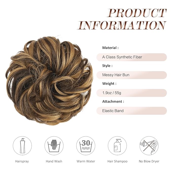 FESHFEN Messy Bun Hair Piece - Large Elastic Wavy Curly Hair Bun Scrunchies Ponytail Extensions Synthetic Chignon Hairpieces for Women, Brown Highlighted Caramel Blonde 1.94oz