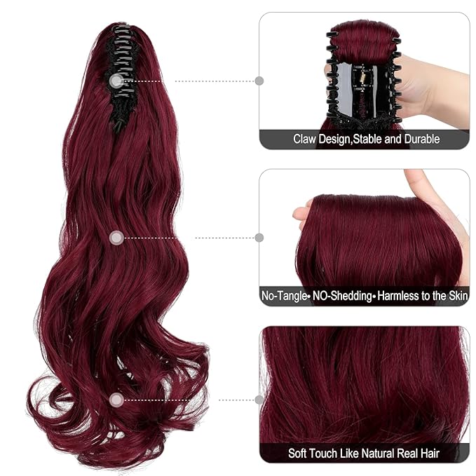 Claw Clip Ponytail Extension 18" Clip in Wavy Ponytail Hair Extensions Long Pony Tails for Women Extensions Wine Red Hairpiece
