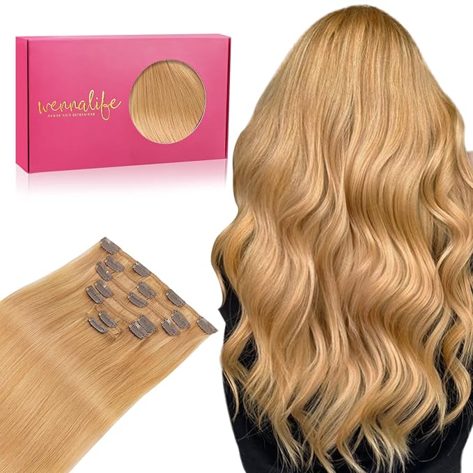 WENNALIFE Clip in Hair Extensions Real Human Hair, 16 Inch 120g 7pcs Remy Hair, Strawberry Blonde Straight Natural Coloured Extensiones De Cabello Humano Con Clip Ins