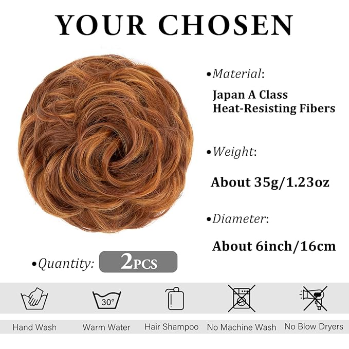 SARLA 2PCS Messy Hair Bun Hair Pieces Wavy Curly Synthetic Updo Fake Scrunchies Ponytail Extension for Women Tizian Red