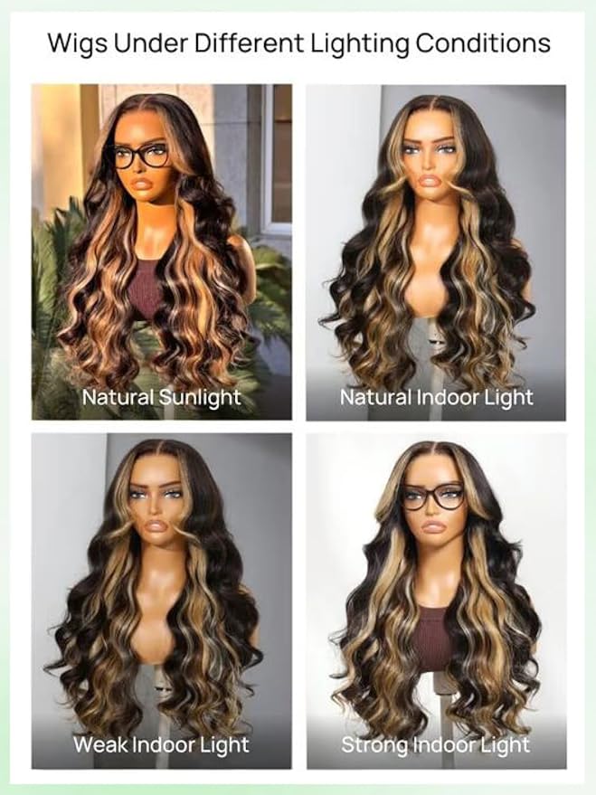 KLAIYI Ombre Highlight Blonde Loose Body Wave Bye Bye Knots Glueless Wigs Human Hair 7x5 Precut Lace Front Pre Plucked Bleached Ready to Wear Go Wig with Face Framing Curtain Bang Caramel Brown 18Inch