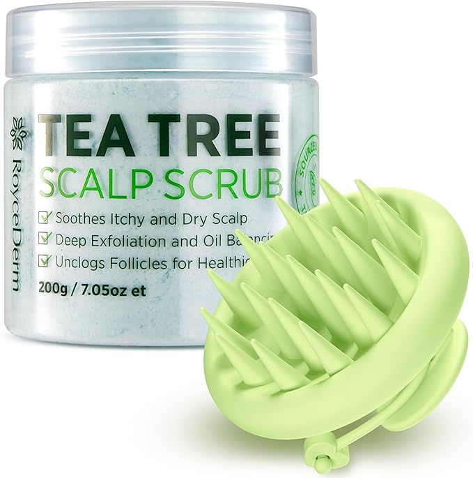 Roycederm Tea Tree Scalp Scrub with Scalp Massager Brush – Deep Cleansing & Exfoliating Pre-Shampoo Treatment for Dry, Flaky Scalp – Gently Refreshes, Hydrates & Balances Scalp