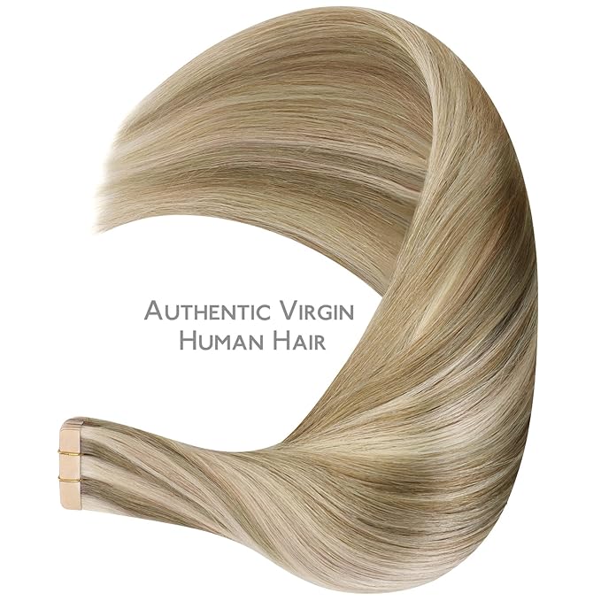WENNALIFE Tape in Hair Extensions Human Hair Ash Brown with Platinum Blonde Highlights Tape in Extensions, 10pcs 25g 18 inch Remy Invisible Tape Ins Straight Colored Soft Refill Set
