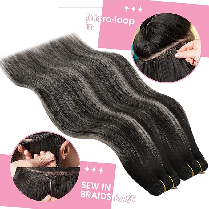 YoungSee Weft Hair Extensions Black Silver Sew in Hair Extensions Real Human Hair Balayage Black Grey One Piece Hair Extension Sew in 100g 20inch