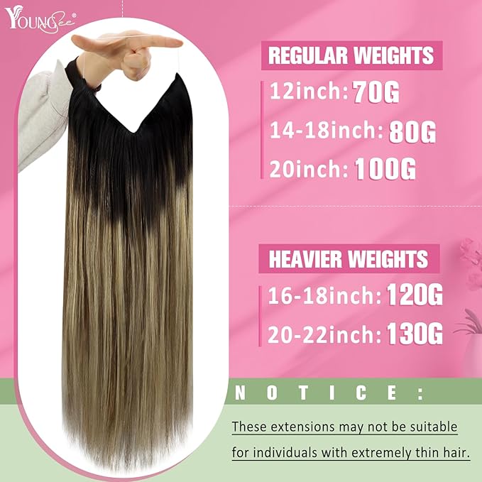 YoungSee 130G Invisible Wire Hair Extensions Balayage Wire Human Hair Extensions Dark Brown Balayage Medium Brown with Blonde Fish Line Hair Extensions Real Human Hair Long Straight Hair 22inch