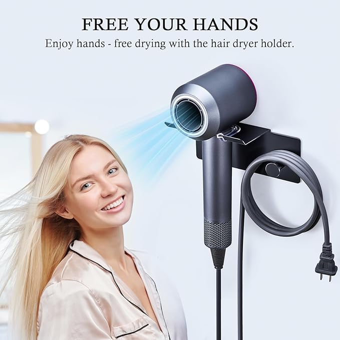 Hair Dryer Holder Wall Mount, Blow Dryer Holder for Wall, Adhesive Hairdryer Holders, Stainless Steel Blowdryer Holders Bathroom Hair Tool Organizer Hair Dryer Hanger Hook with Cord Storage (Black)
