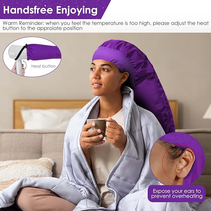 Hair Dryer Bonnet Attachment: Upgraded Extra Large Hooded Dryer Adjustable Hair Dryer Caps - Easy to Use for Natural Curly Textured Hair Care Styling Fast Drying - Purple