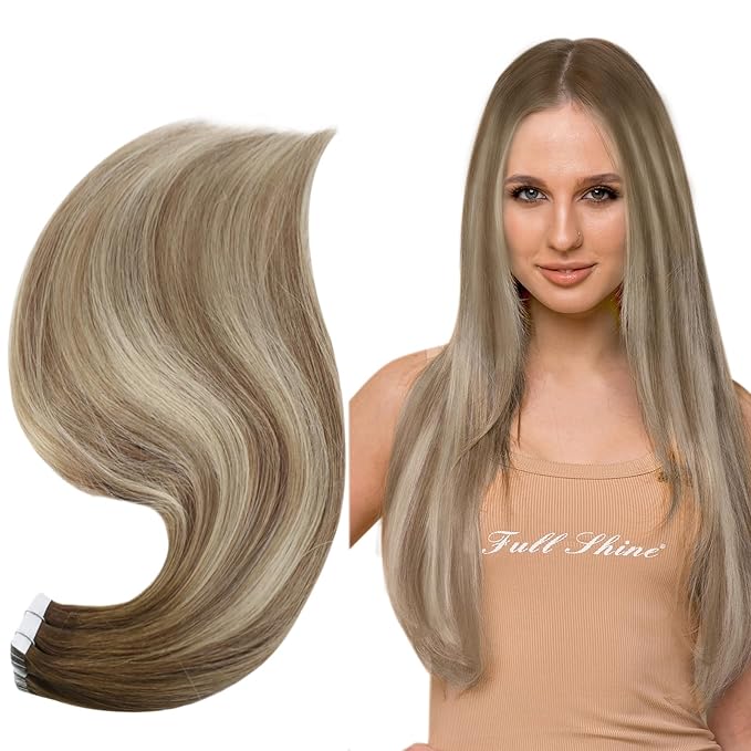Full Shine Invisible Tape in Hair Extensions Color 3 Brown Fading to 8 Light Brown and 22 Blonde Balayage Soft Remy Tape in Hair Extensions Human Hair 14Inch 20Pcs 50Gram Seamless Tape Ins