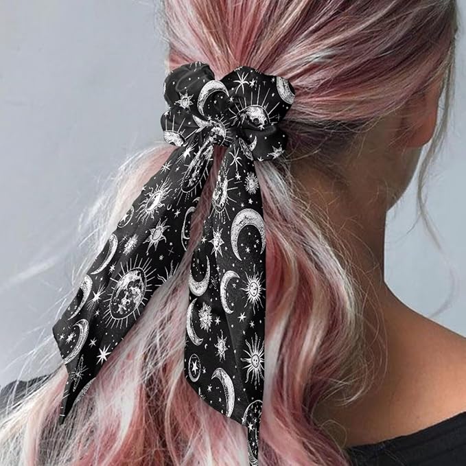 Green Star Hair Ties Elastic Ribbon 2 Pack Sun Moon Black Knotted Bow Hair Scrunchies for Girls No Damage Ponytail Scrunchy with Long Tails