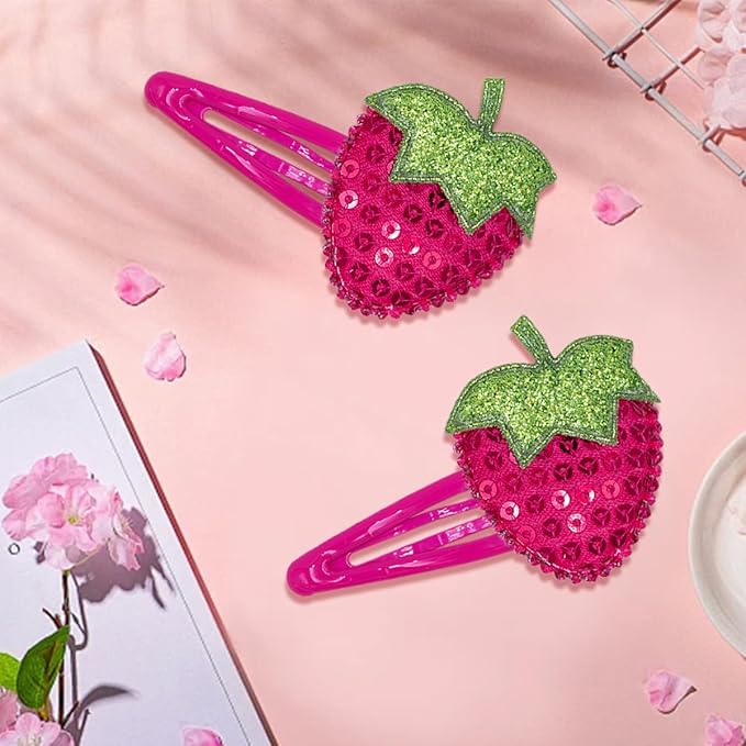 IKOLA Snap Hair Clips for Girls, Sequin Strawberry Hair Clips Water Drop Non Slip Fabric Hair Barrettes Sparkly Hair Accessories for Kids, Toddler Girls - Hot Pink