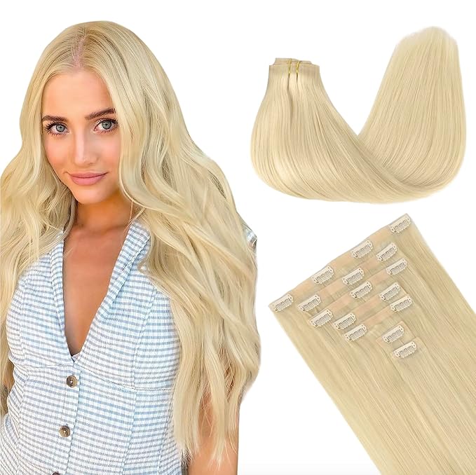 GOO GOO Clip in Hair Extensions Real Human Hair, Remy Human Hair Extensions Clip ins for Women, Natural Human Hair, 22inch 160g 7Pcs, #60A Platinum Blonde