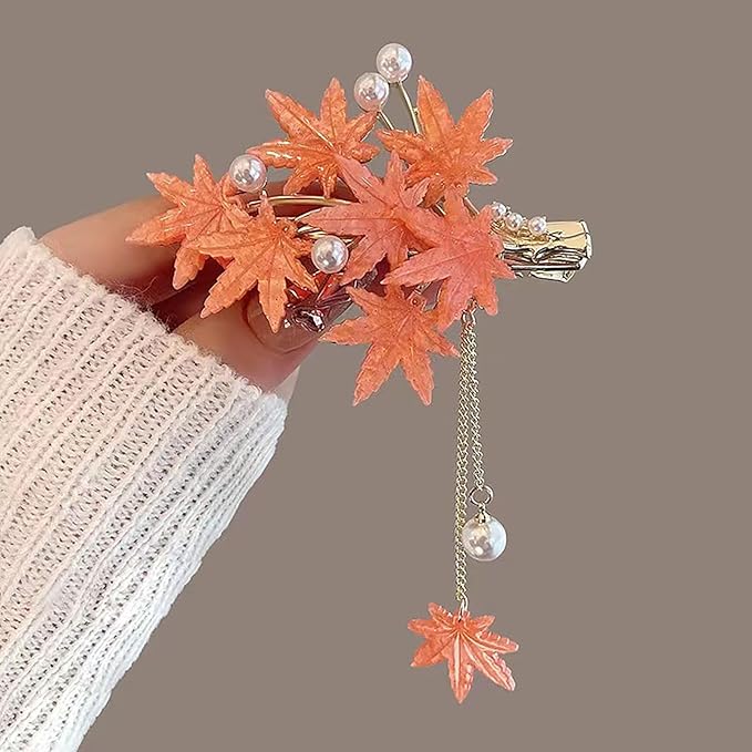 Fall Maple Leaf Hair Clip for Women Tassel Metal Maple Leaf Hair Barrettes Pearl Hair Accessories for Women Thanksgiving Birthday Presents Decorations