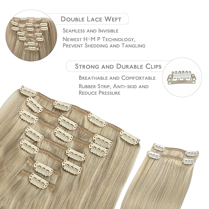 WENNALIFE Clip in Hair Extensions, 150g 20 Inch 9pcs Ash Blonde to Golden Blonde and Platinum Blonde Human Hair Extensions Thicker Clip in Hair Extensions Real Human Hair Clip Set Double Weft