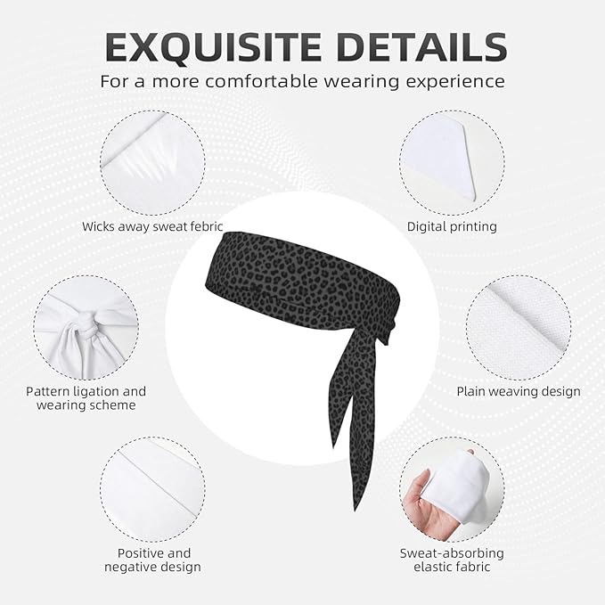 Men's Women Lovely Sports Sweat Band Hair Decor for Sports Workout Spa, Long Boho Style Dark Gray Black Leopard Cheetah Print Head Ribbon Headwear