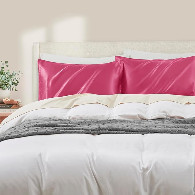 Peach Red Satin Pillowcase Standard Set of 2 with Envelope Closure，Peach Red Silk Pillowcase for Hair and Skin (20x26)