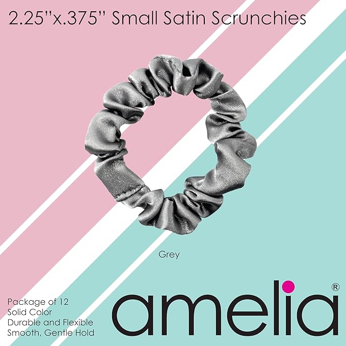 Amelia Beauty, Grey Satin Small Scrunchies, 12-Pack – No Damage Hair Ties for Women, Gentle & Durable Hair Accessories, 2.5in x 0.5in