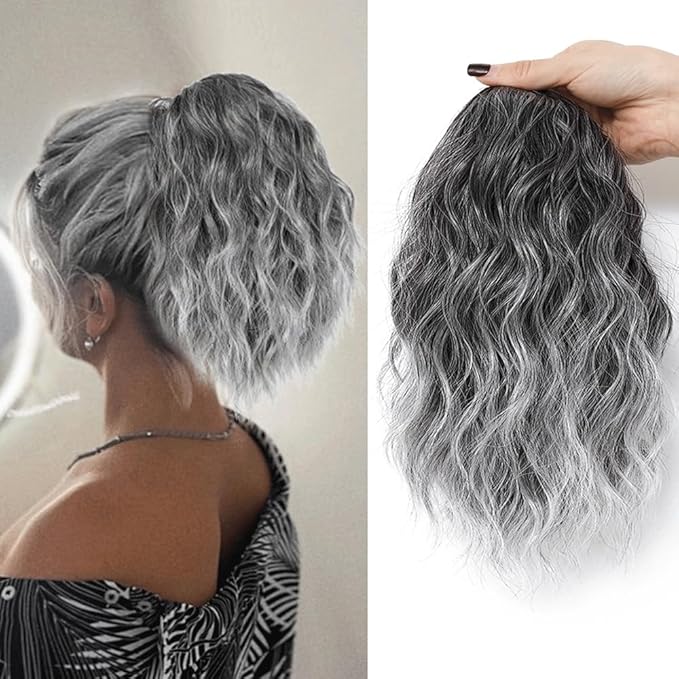 Ponytail Extension,12 Inch Drawstring Ponytail Hair Extensions for Women Synthetic Curly Wavy Fake Pony Tails Hair Pieces for Daily Party Use (T1B/Grey)