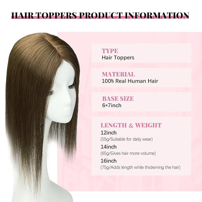 Toppers for Women Real Human Hair 16inch 75g Toppers for Women with Thinning Hair Chocolate Brown 6x7inch Large Base Add Volume (#4Toppers-16inch)